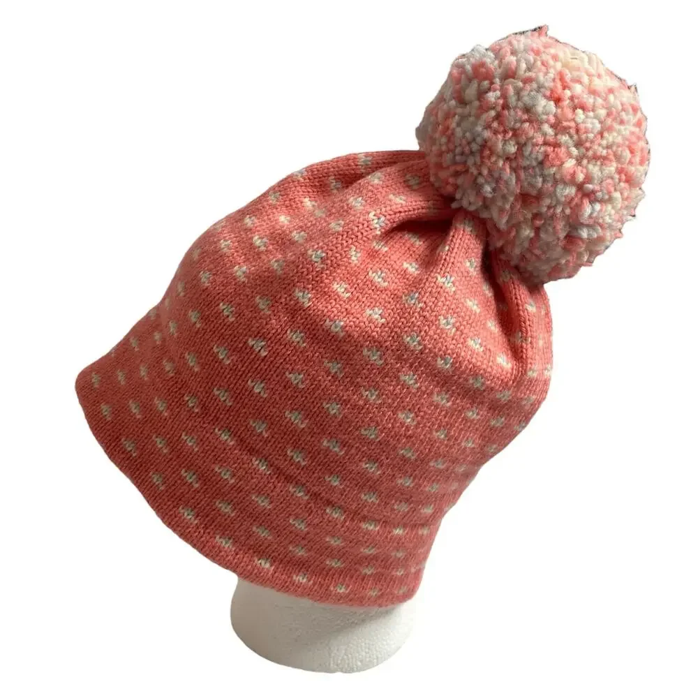 Vintage 80s Serac Wool Beanie Pink Birdseye Print Pom Pom Womens Ski Hat USA